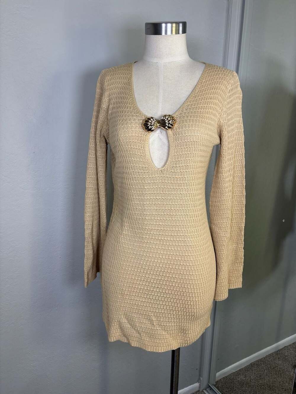 Nerina Gold Lurex Mini Dress Beige Knit Long Sleeve